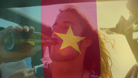 drinking from bottle, person with cameroon flag colors and star in animation