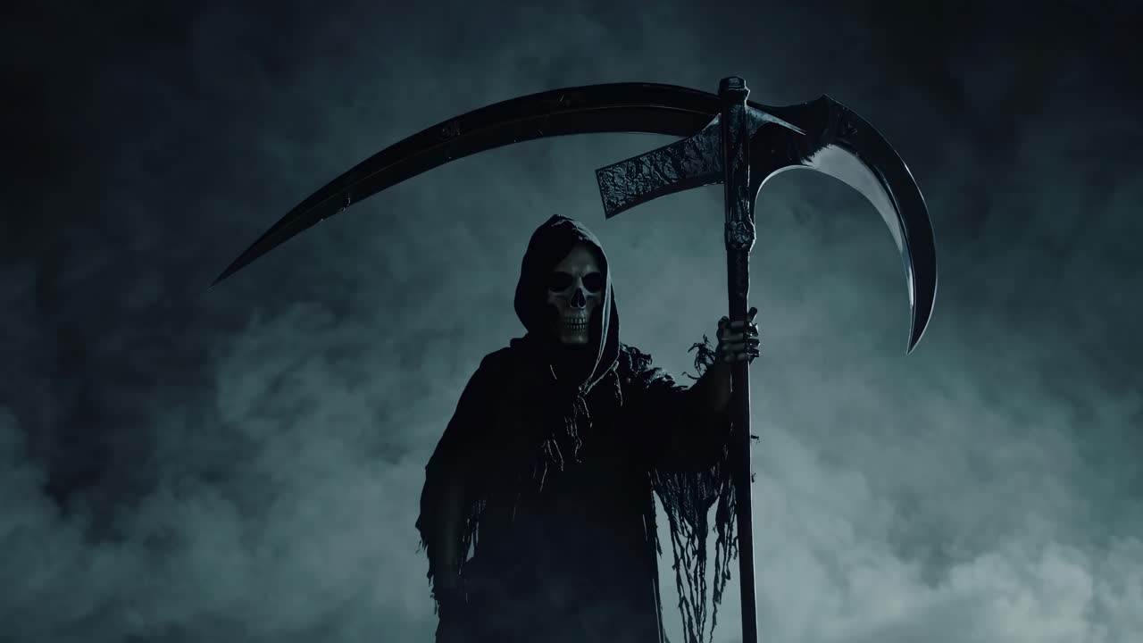A low-angle video shot of a grim reaper figure in a foggy, dark setting, emphasizing a mysterious