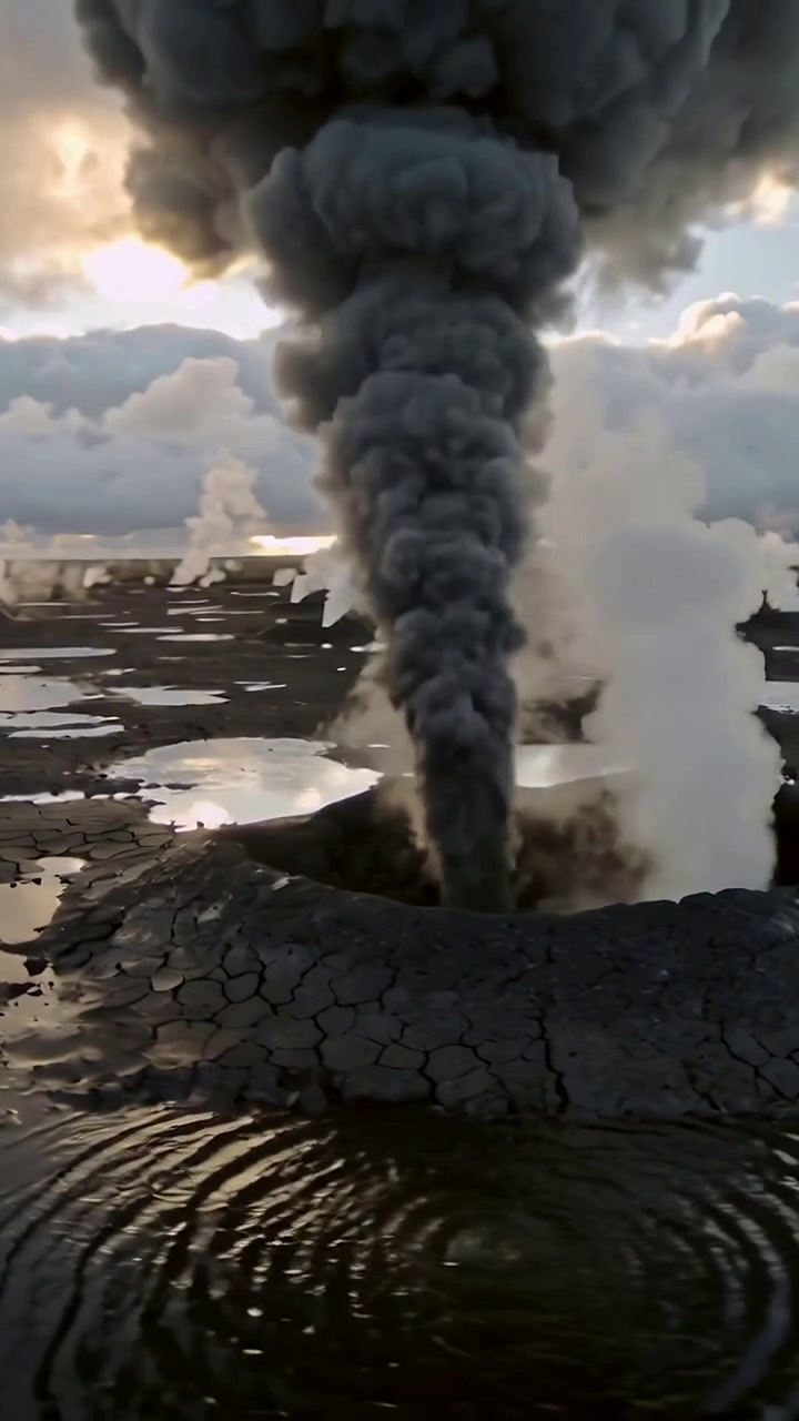 Video verticale: Sfiato di fango eruttivo che invia un pennacchio di fumo scuro verso l'alto sopra sfiati di vapore bianchi su una piana di fango.