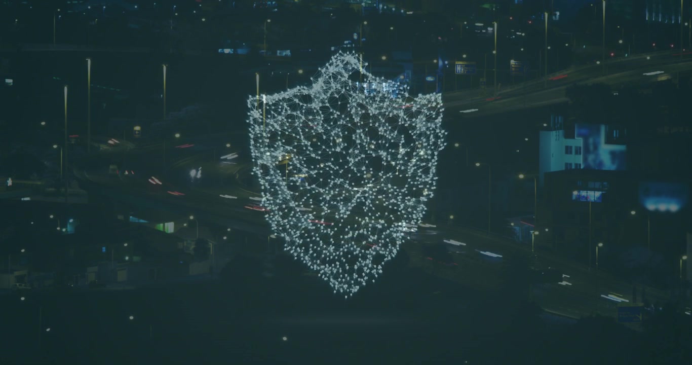 Animation of digital shield over cityscape