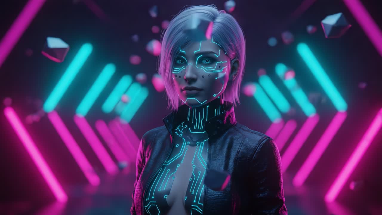 A cybernetic figure stands confidently in a futuristic neon-lit environment, showcasing a blend of technology and artistry with glowing patterns and a striking silhouette.