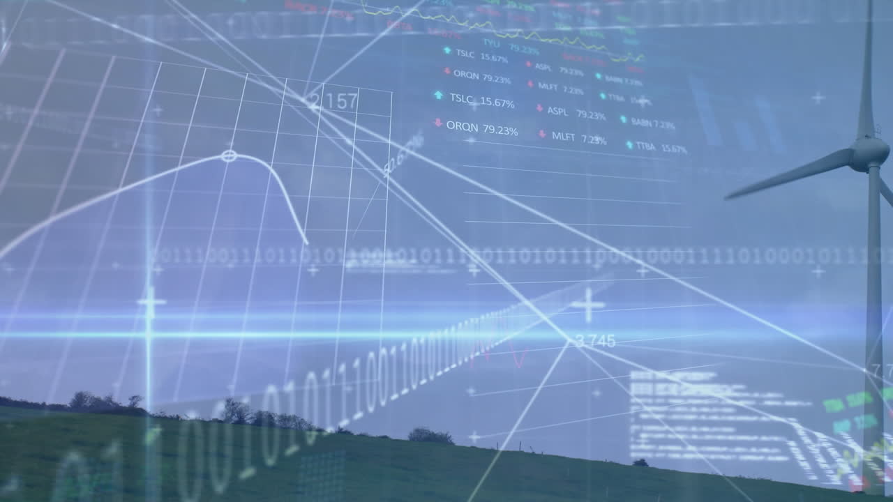 바이너리 코딩과 풍력 터빈을 통한 데이터 처리 애니메이션