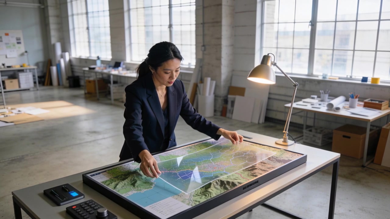 Reaching, Asian woman in blazer lifting, aligning triangle overlay on map table in studio for fit