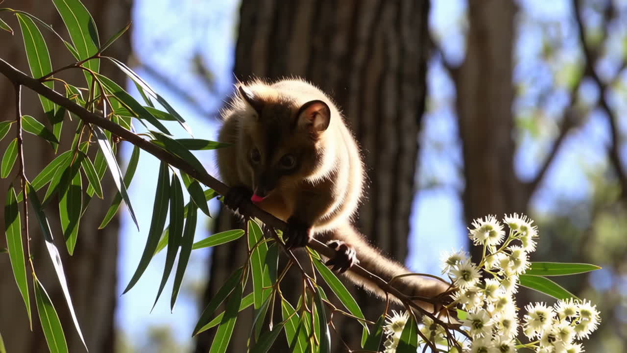 Baby Possum Eating Flowers in a Forest