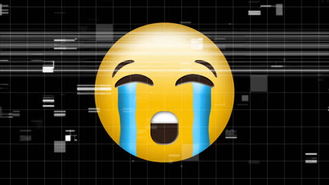 animación digital de tv efecto estático sobre el emoji de la cara llorando contra un fondo negro