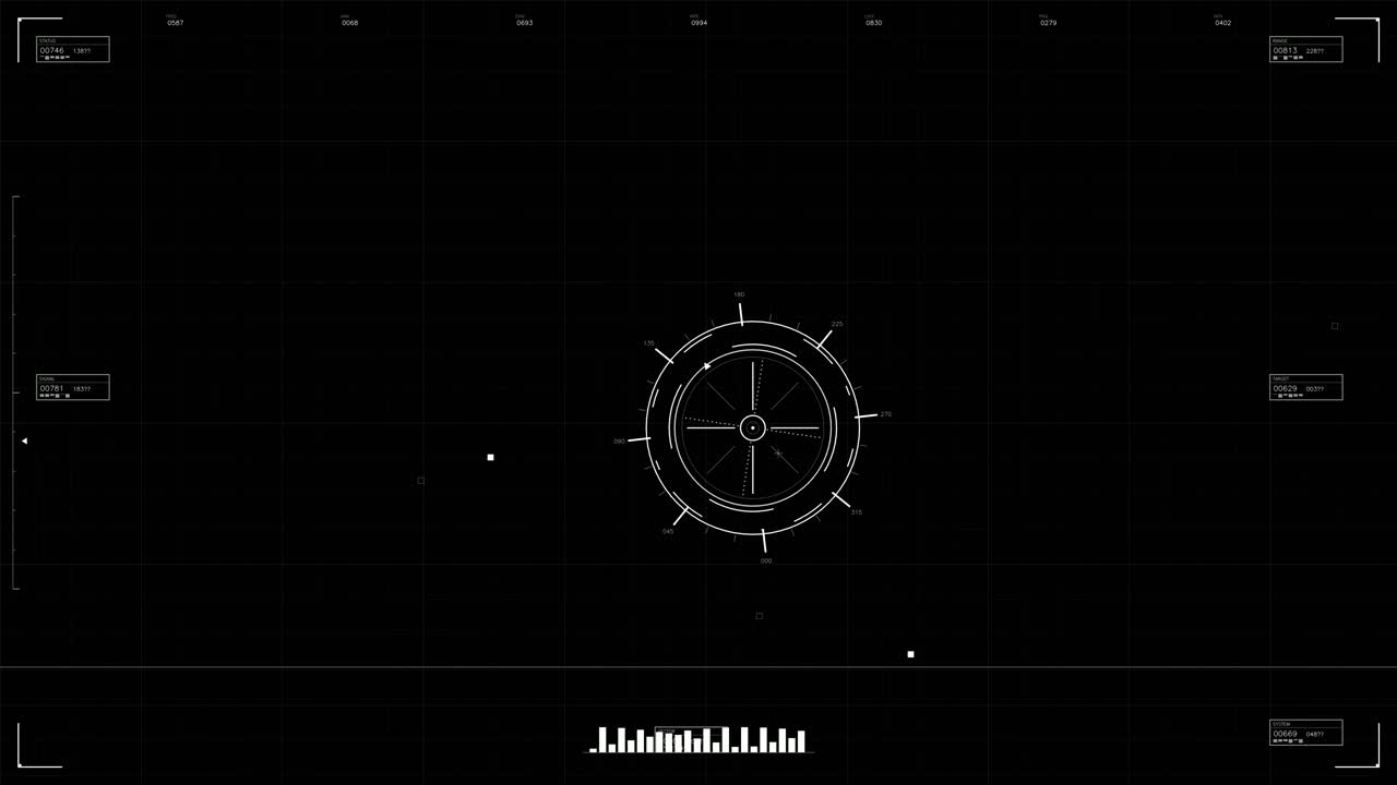 This presentation features a military graphical user interface with a rotating wheel design. It displays information that could be used in a science fiction video production