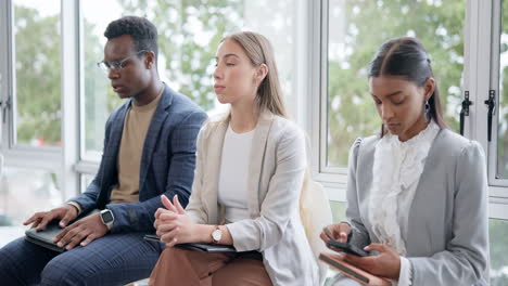 hiring, waiting room row and business people