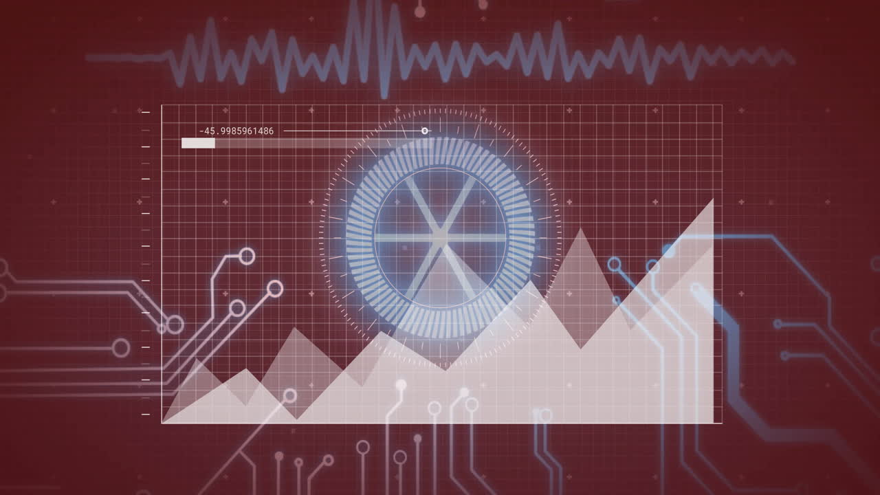 Circuit board and data processing animation over fluctuating graph and digital interface