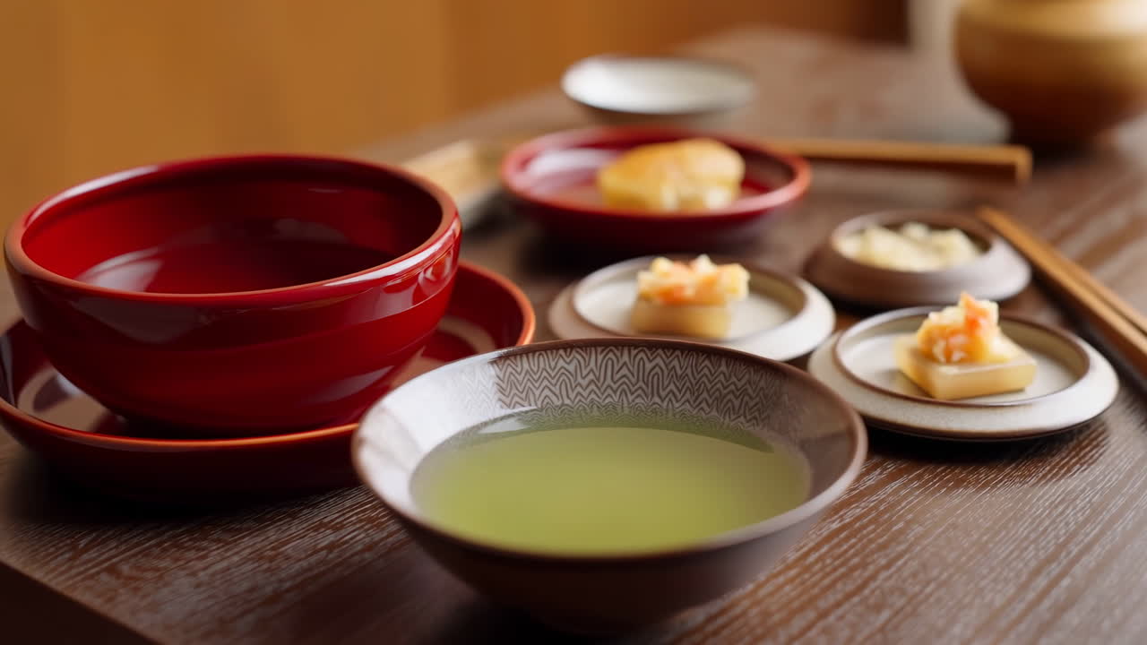 テーブルの上の緑茶と和菓子、赤い漆器の碗と泡立った陶器のカップが並ぶ、趣のある日本茶の演出。