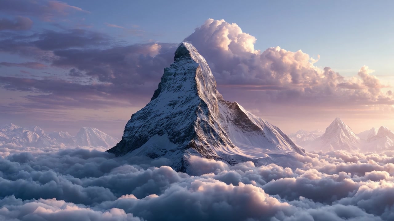 Pemandangan Menakjubkan Puncak Gunung Megah Dikelilingi Awan dan Langit Tenang saat Senja, Mengabadikan Keindahan Alam yang Mengagumkan