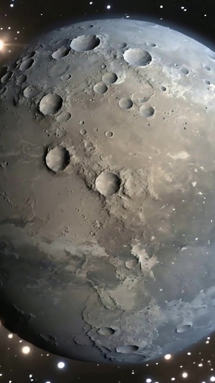 Vídeo vertical: Iniciando um movimento panorâmico lento, câmera revelando esfera craterada em campo estelar para mostrar bacias