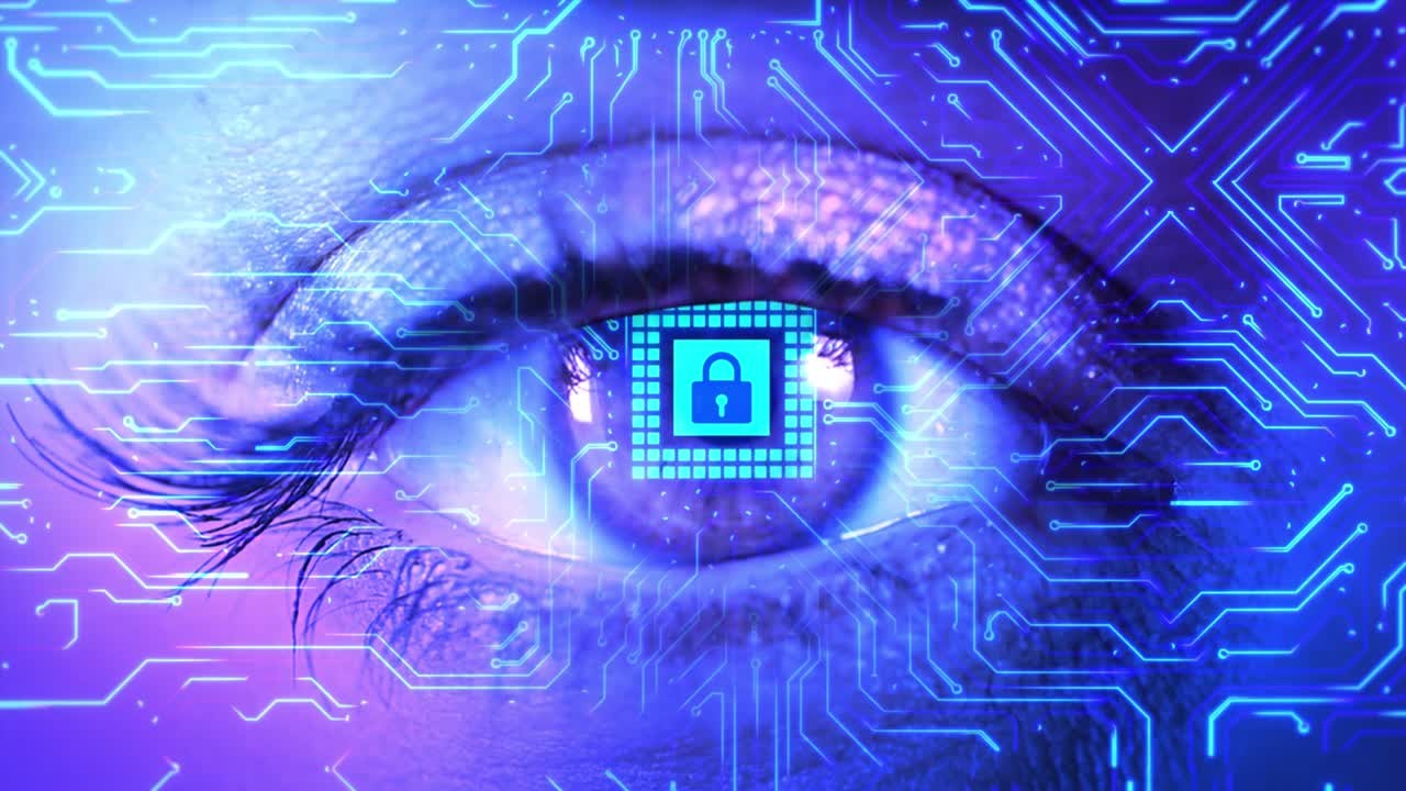 4K Digital Eye Scan Technology futuristic circuit board high computer Loop background.