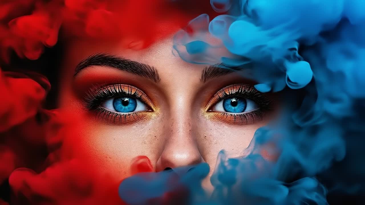A woman with blue eyes surrounded by red and blue smoke