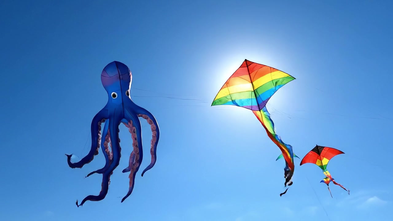A Vibrant Display of Colorful Kites Dancing in the Sky Under the Bright Sun, Showcasing the Joy and Freedom of Outdoor Activities