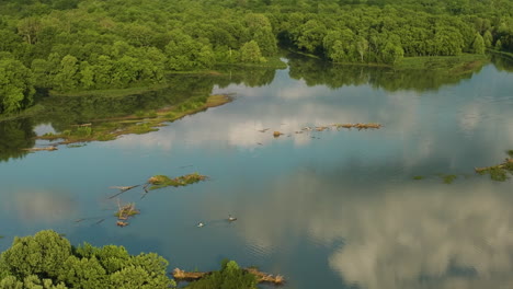 lake sequoyah with reflections on the calm water in ar, usa - drone shot