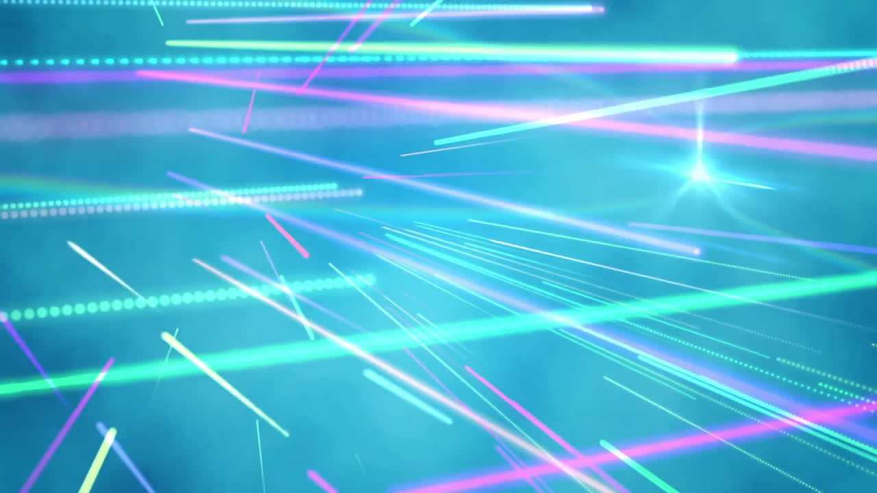 Creating dynamic patterns, colorful neon light streaks on blue background animation
