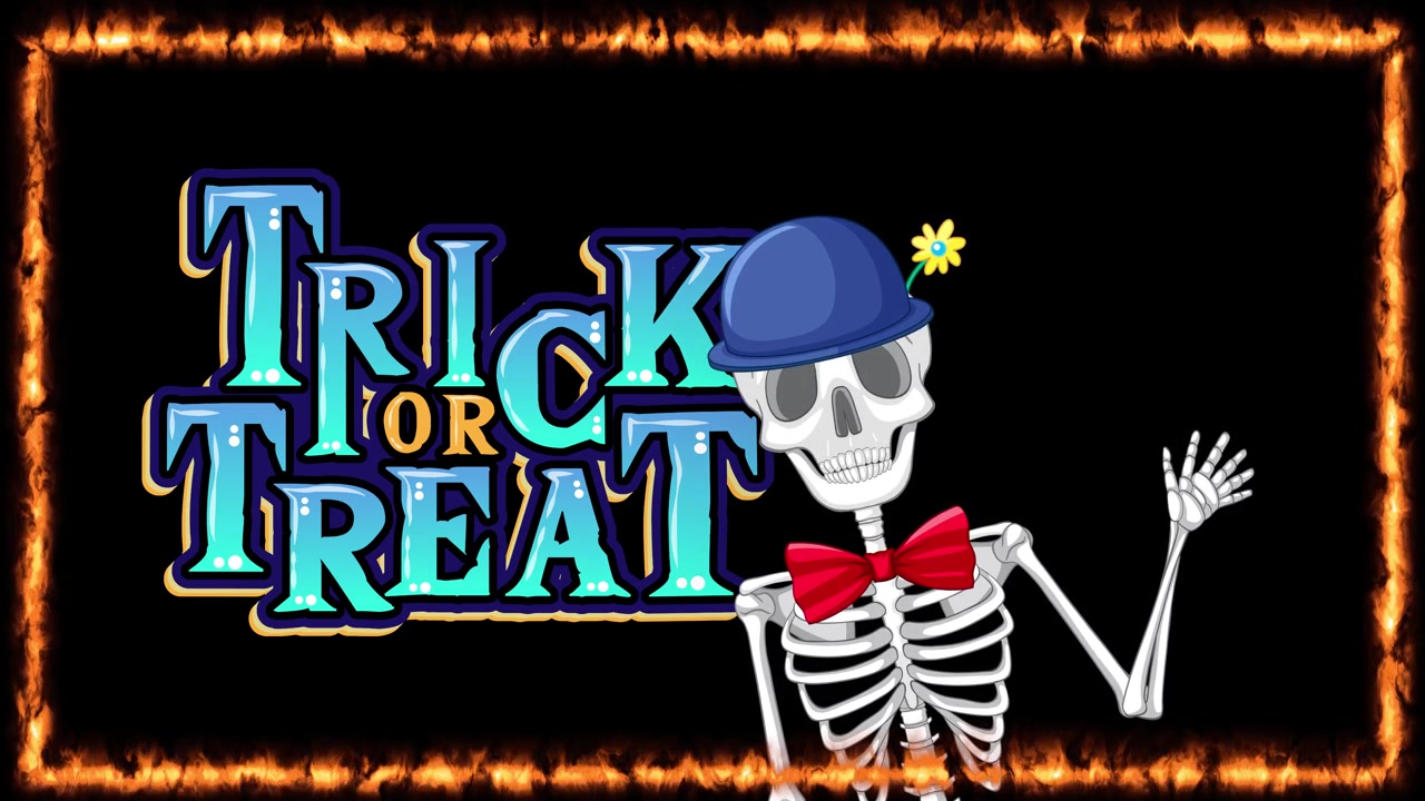 Cartoon skeleton wearing a hat waves beside holiday text inside a glowing fire border.