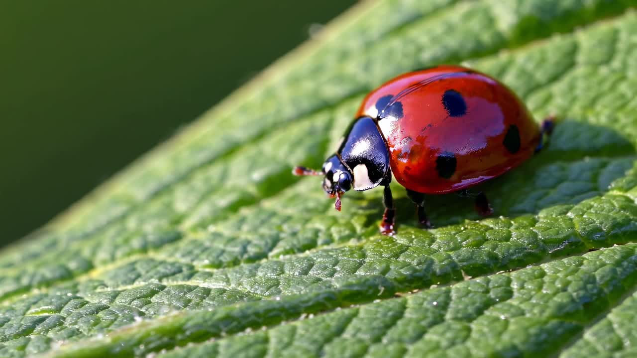 Close-up video of a ladybug on a leaf, captured from a macro angle. The vibrant red and black colors