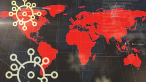 animation of falling multiple covid 19 cells over world map on black background