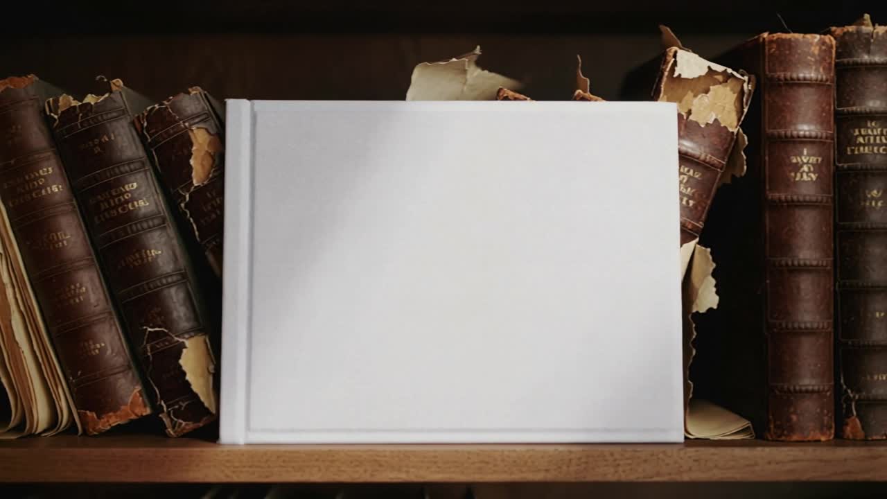 La telecamera si sposta a destra, zoomando, la luce scivola su un libro bianco, rivelando dorsi invecchiati per la stampa.