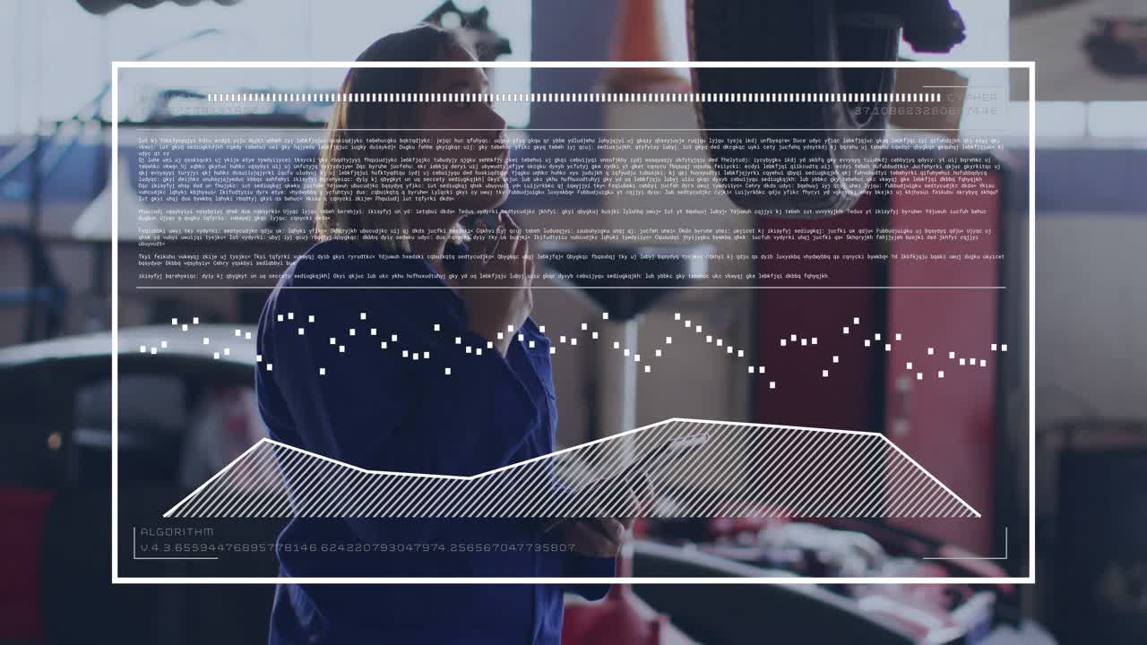 Woman mechanic using diagnostic tool and smartphone while showing algorithm overlay in repair shop