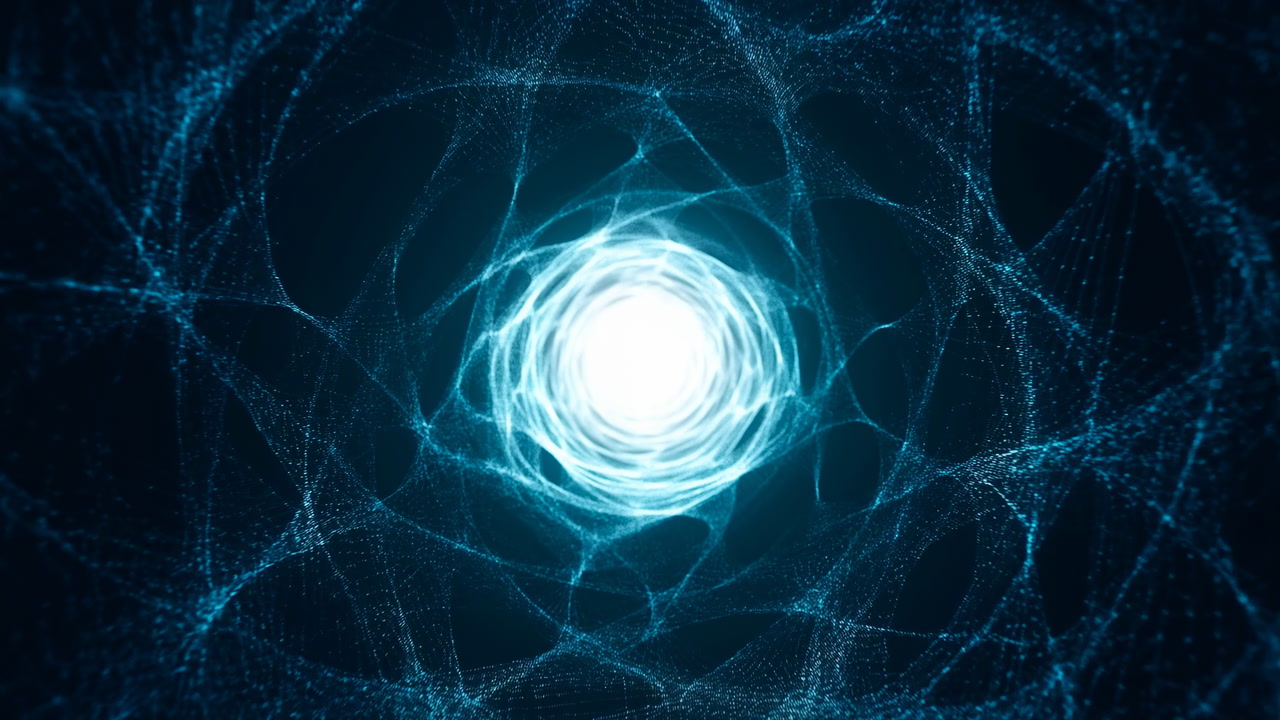 Luminous Particle Vortex At Center Swirling, Deep Blue Particle Network Forming Tunnel Around Radiant Core,
