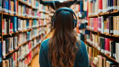 a woman wearing headphones in a library