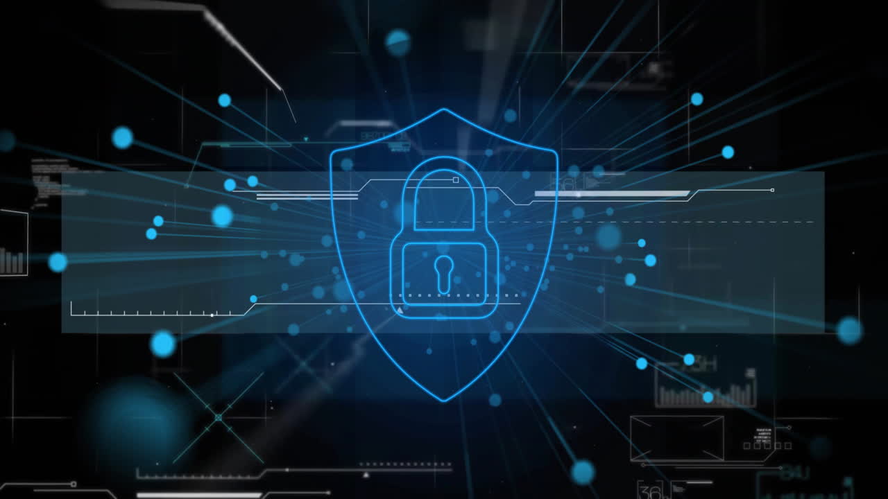 animación de la red de conexiones a través del procesamiento de datos y el candado con escudo