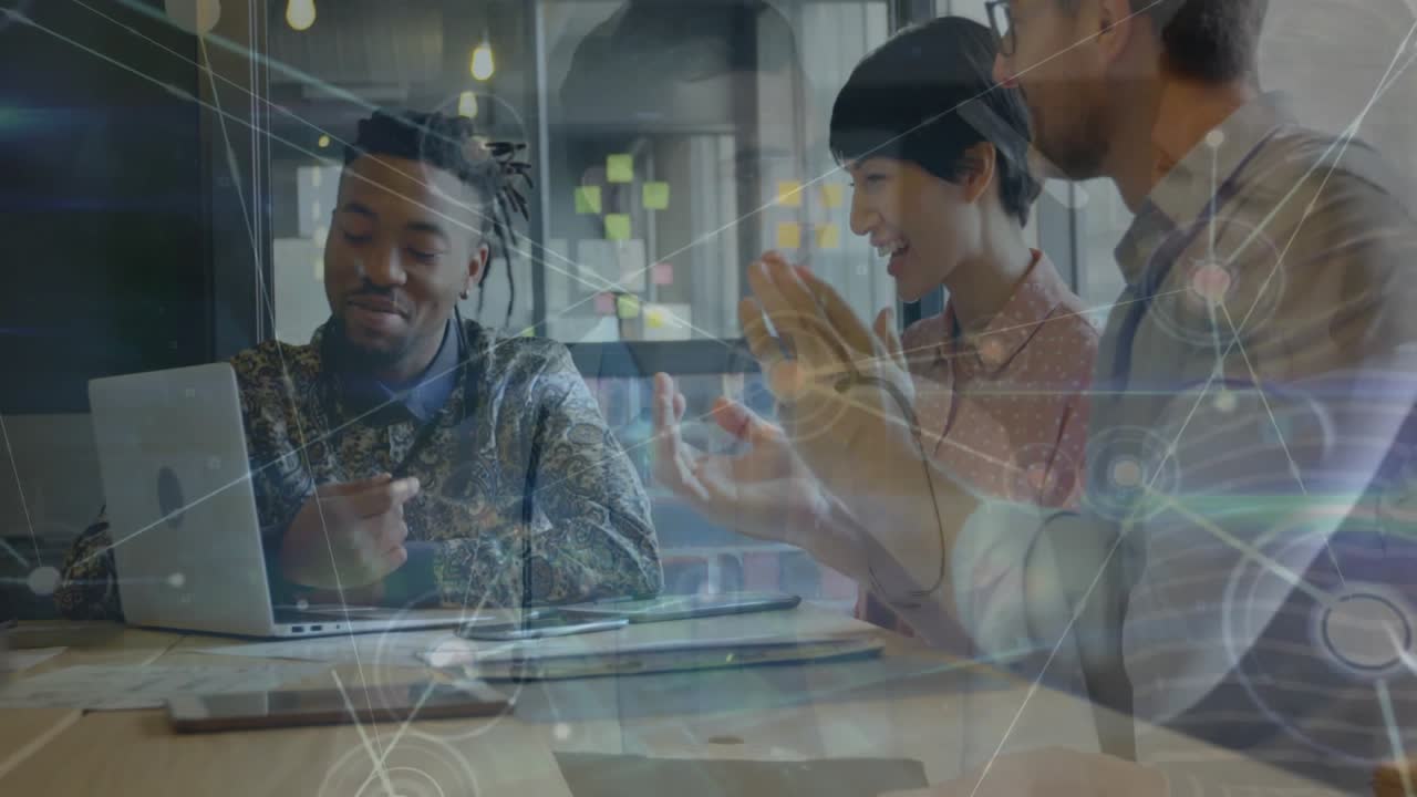 Animation of network of connections over diverse businesspeople in office