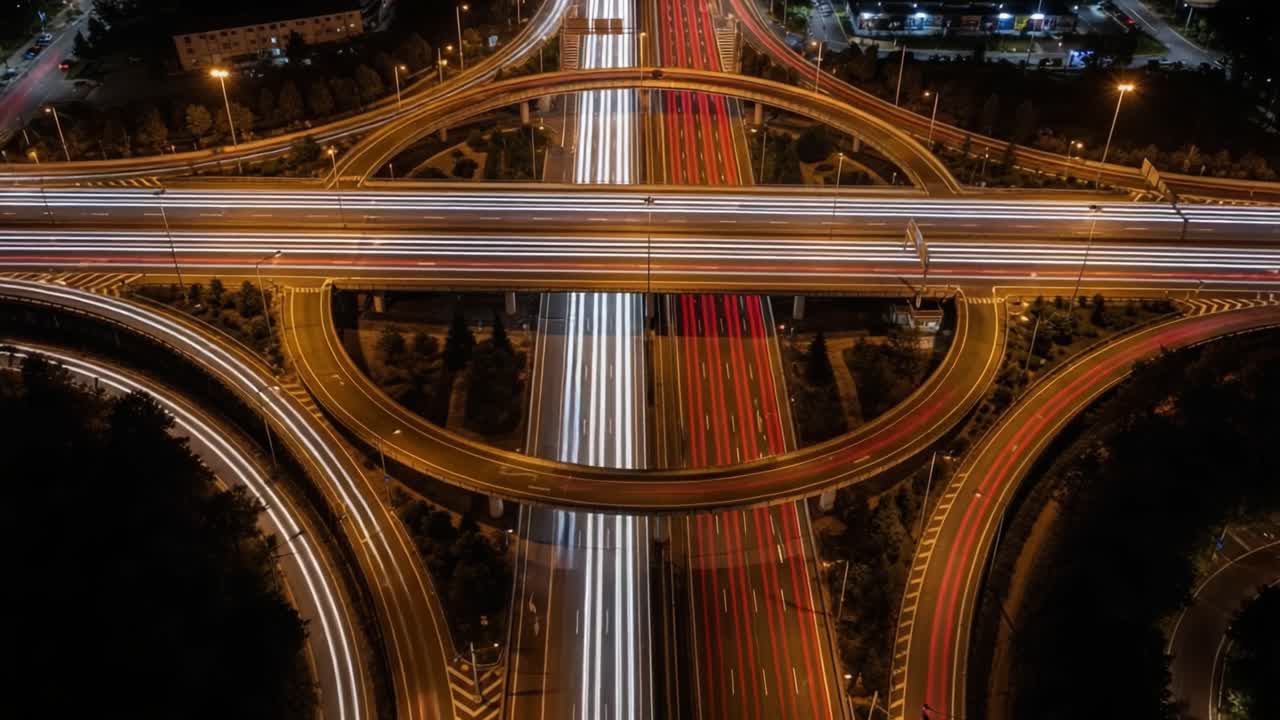 Aerial View of a Highway Interchange at Night with Car Light Trails