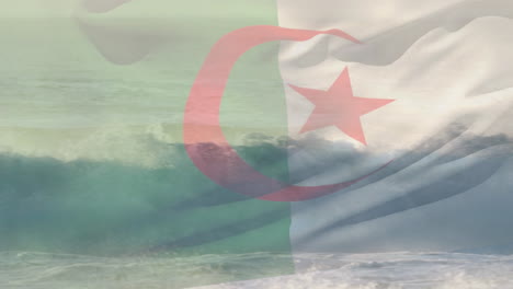 digital composition of waving algeria flag against waves in the sea