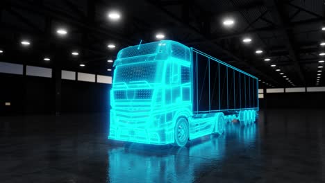 3d animation of glowing blue commercial land vehicle in illuminated garage