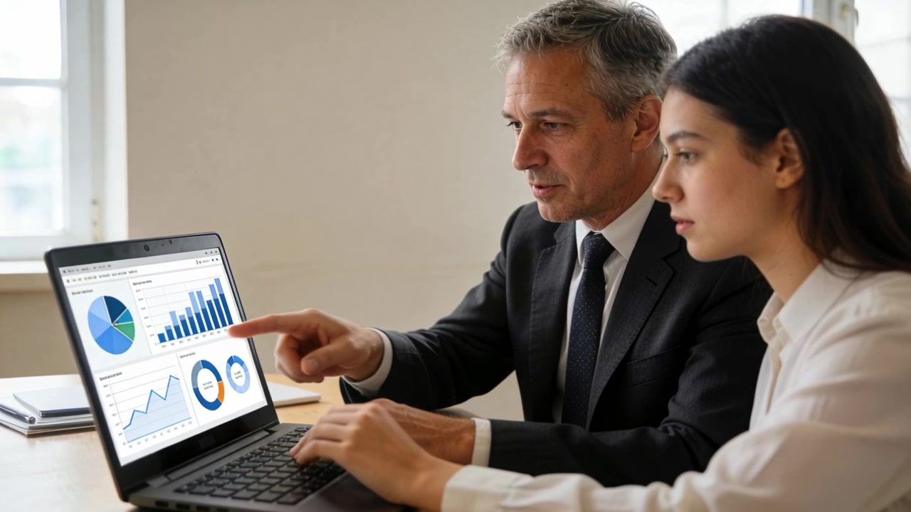 Manager in giacca e cravatta che indica e guida una collega in camicetta che digita alla scrivania, esaminando i grafici sul laptop
