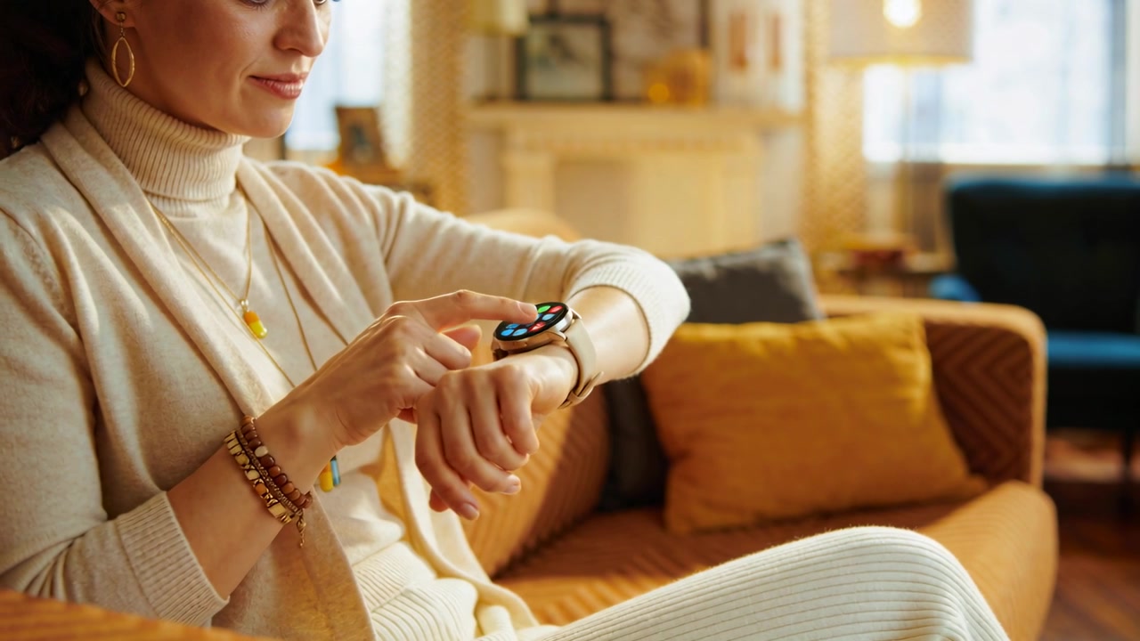 Donna che guarda, con dolcevita color crema, che tocca uno smartwatch rotondo al polso sinistro a casa, selezionando un'app.