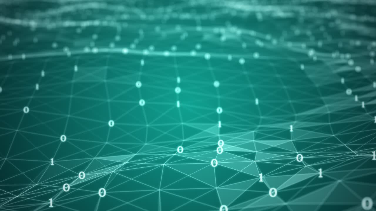 Flying over digital number code green color frequency wave screen