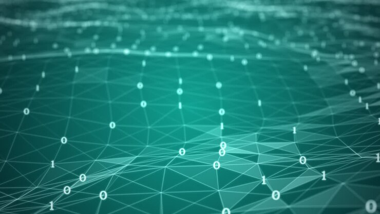 Flying over digital number code green color frequency wave screen