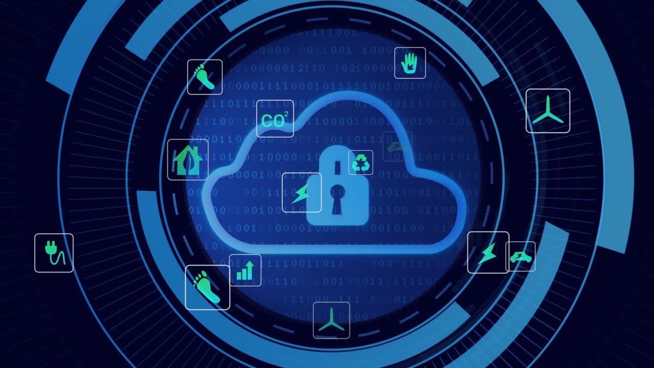 Upon circular path appearing, cloud forming, energy icons gliding into rings for data security