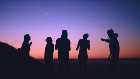 group of friends dancing on the beach at dusk