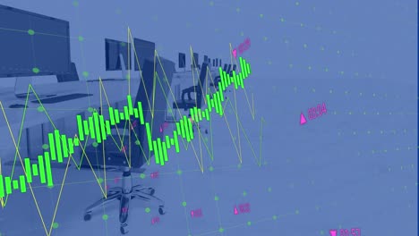 animation of data processing over grid network against empty office