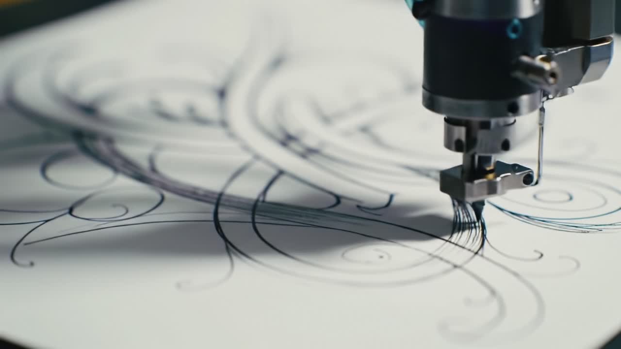A High-Precision Drawing Machine Creating Intricate Swirling Designs on Paper with Delicate Lines and Curves Captured in Dynamic Frames