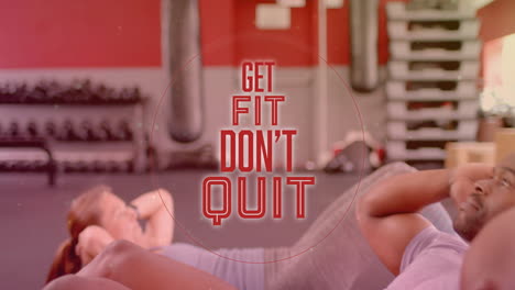 animation of get fit don''t quit text over diverse man and woman exercising in gym