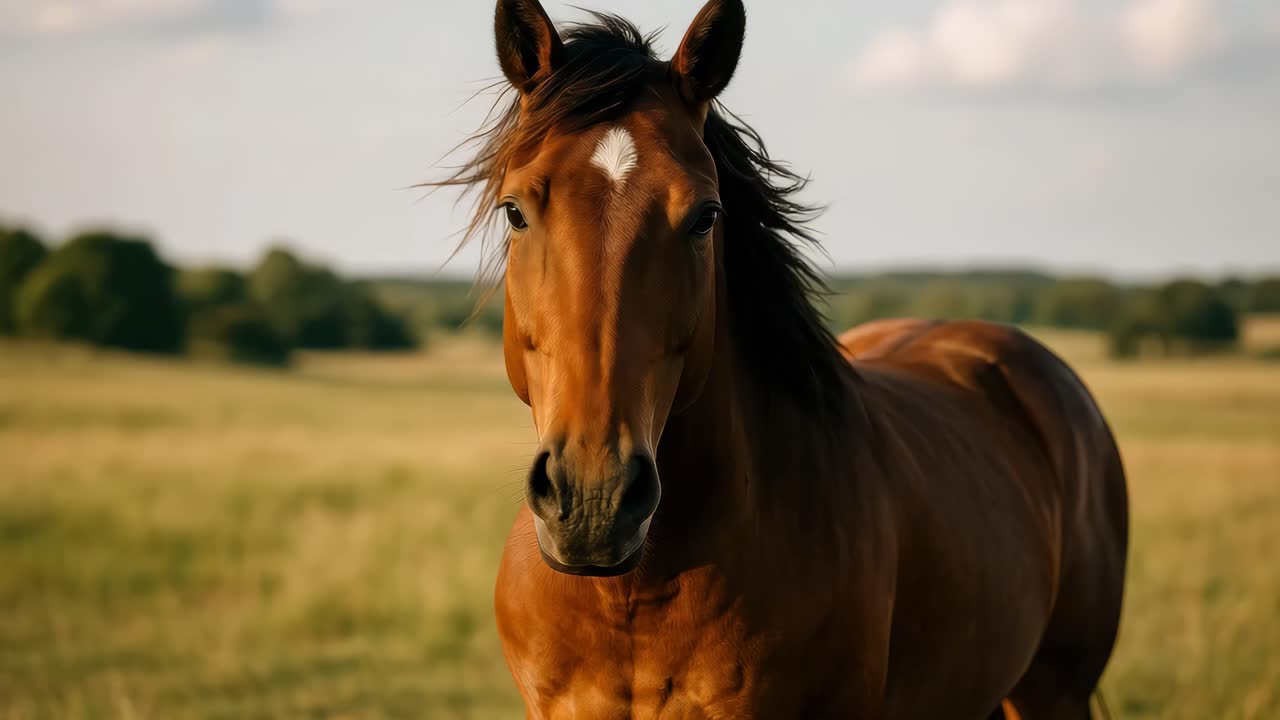 A majestic horse in a grassy field, captured from a low-angle