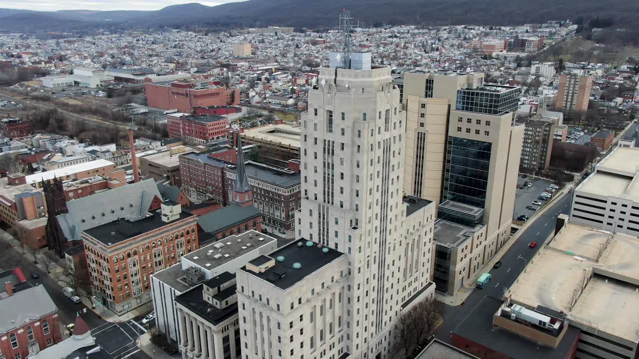 Downtown Reading, Pennsylvania aerial features churches, office, courthouse in Berks County, PA