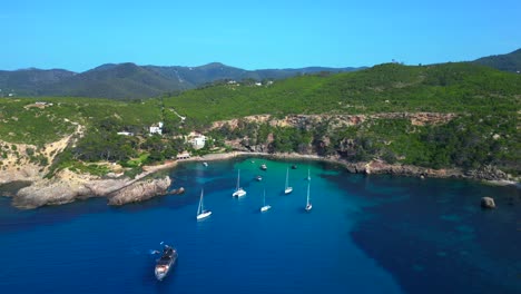 sailboats and yachts moored in turquoise waters of a bay on ibiza, spain, surrounded by lush greenery. gorgeous aerial view flight panorama orbit drone