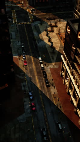 aerial view of busy city street at dusk