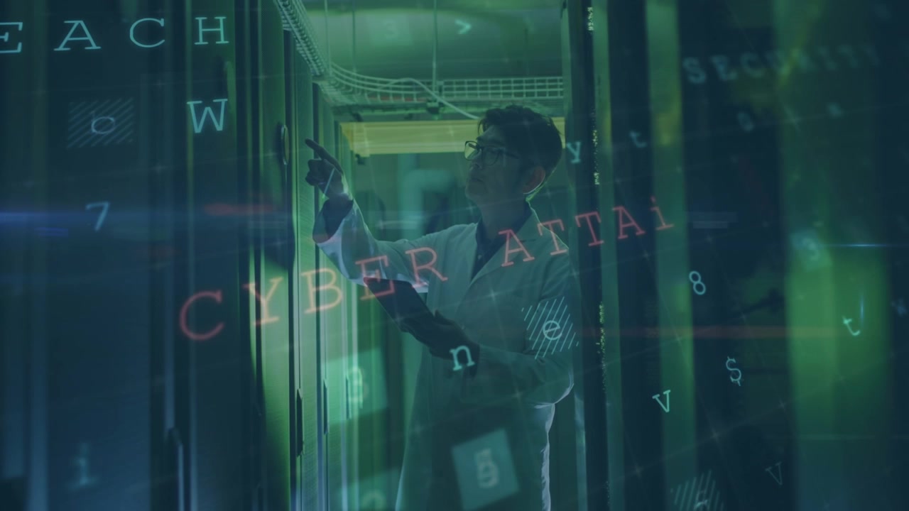 Animation security warning texts and data processing over male technician working in server room