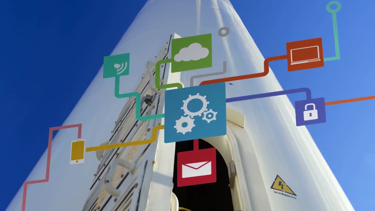 анимация сети соединений с иконами над инженером и ветряной турбиной.