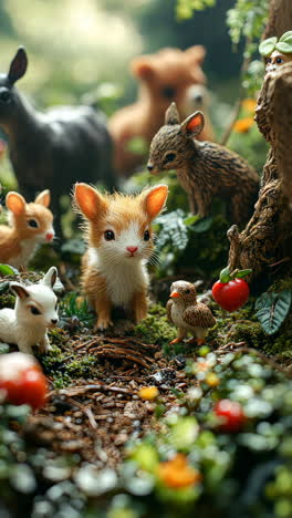 miniature forest gathering of cute woodland animals in vibrant setting