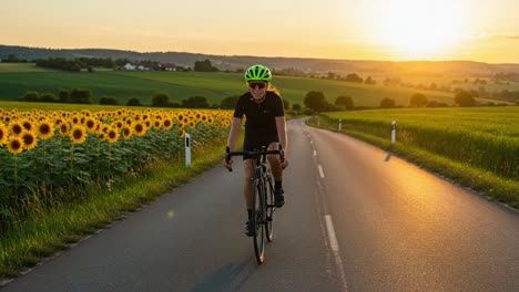cyclist riding through sunflower fields at sunset: a journey of serenity and adventure on a tranquil country road