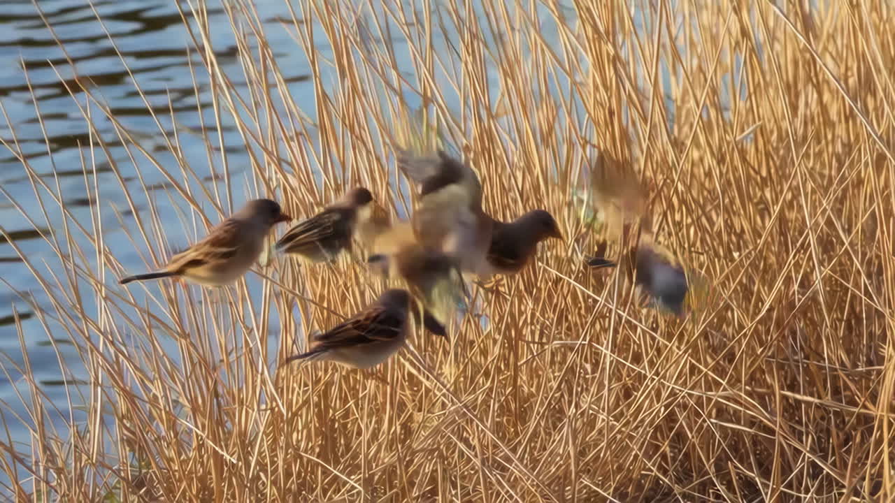 Sparrows feeding in tall grass near water
